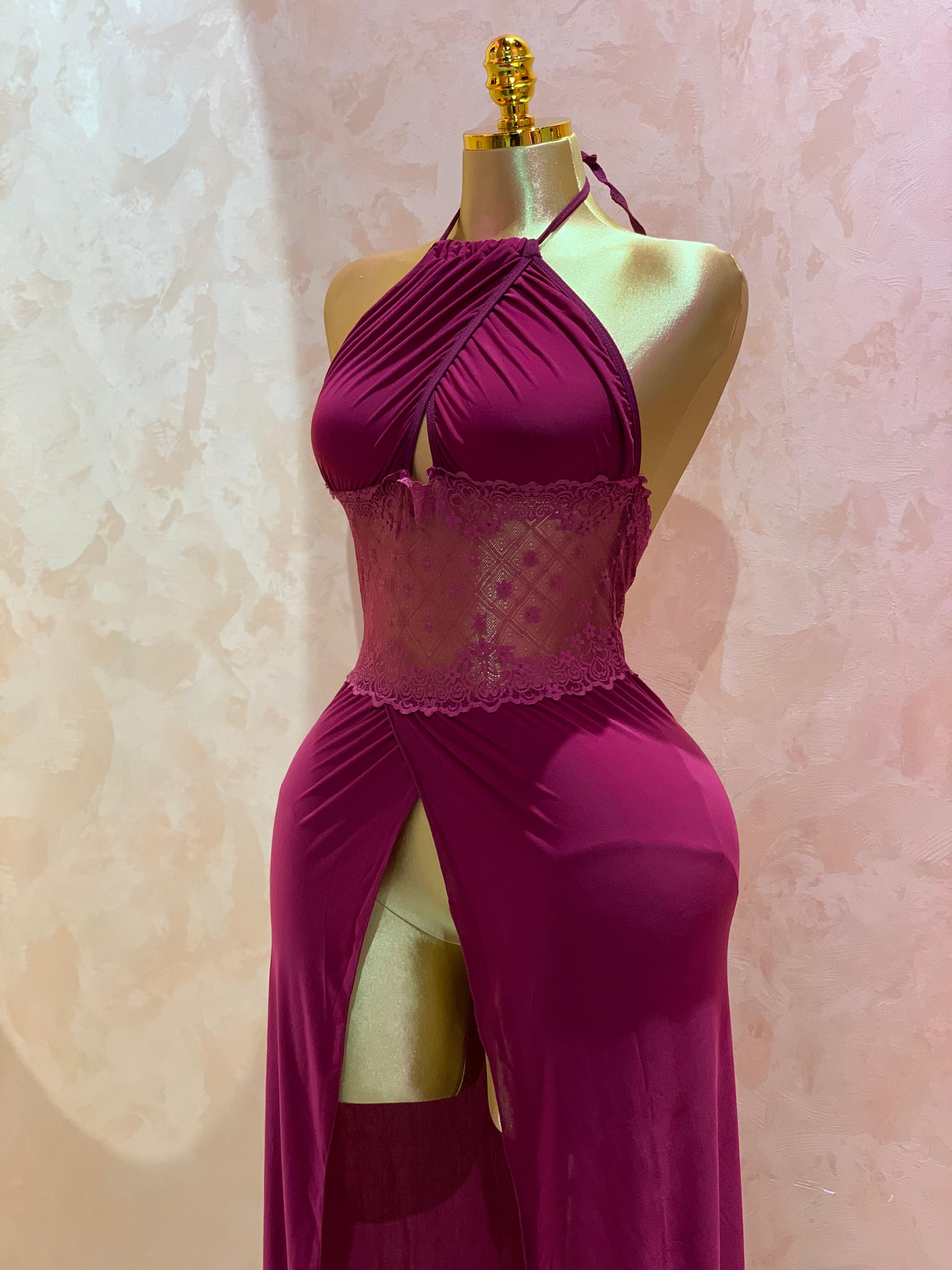 Long Lingerie with Front Slit & Lace