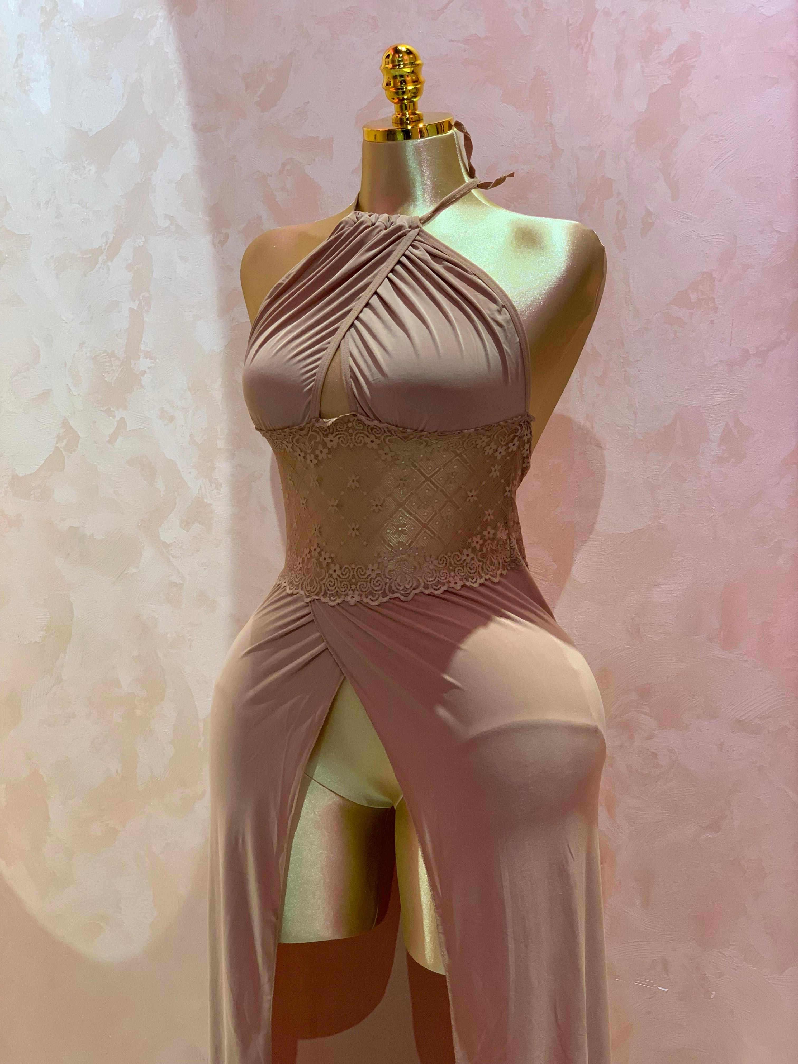 Long Lingerie with Front Slit & Lace